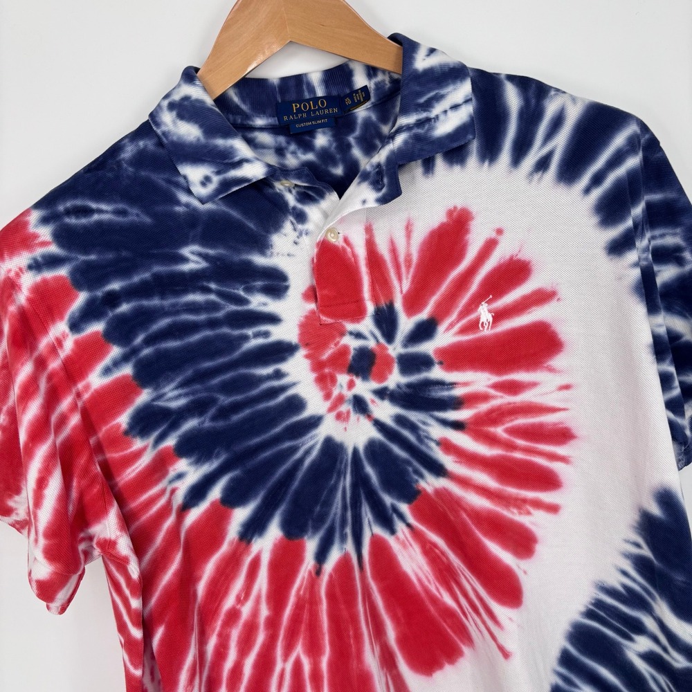 Polo Ralph Lauren Tie Dye Polo Shirt Mens XL Red White Blue Custom Slim Fit USA